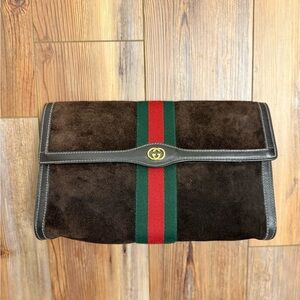 Gucci Brown Suede Bag with Green and Red Stripe